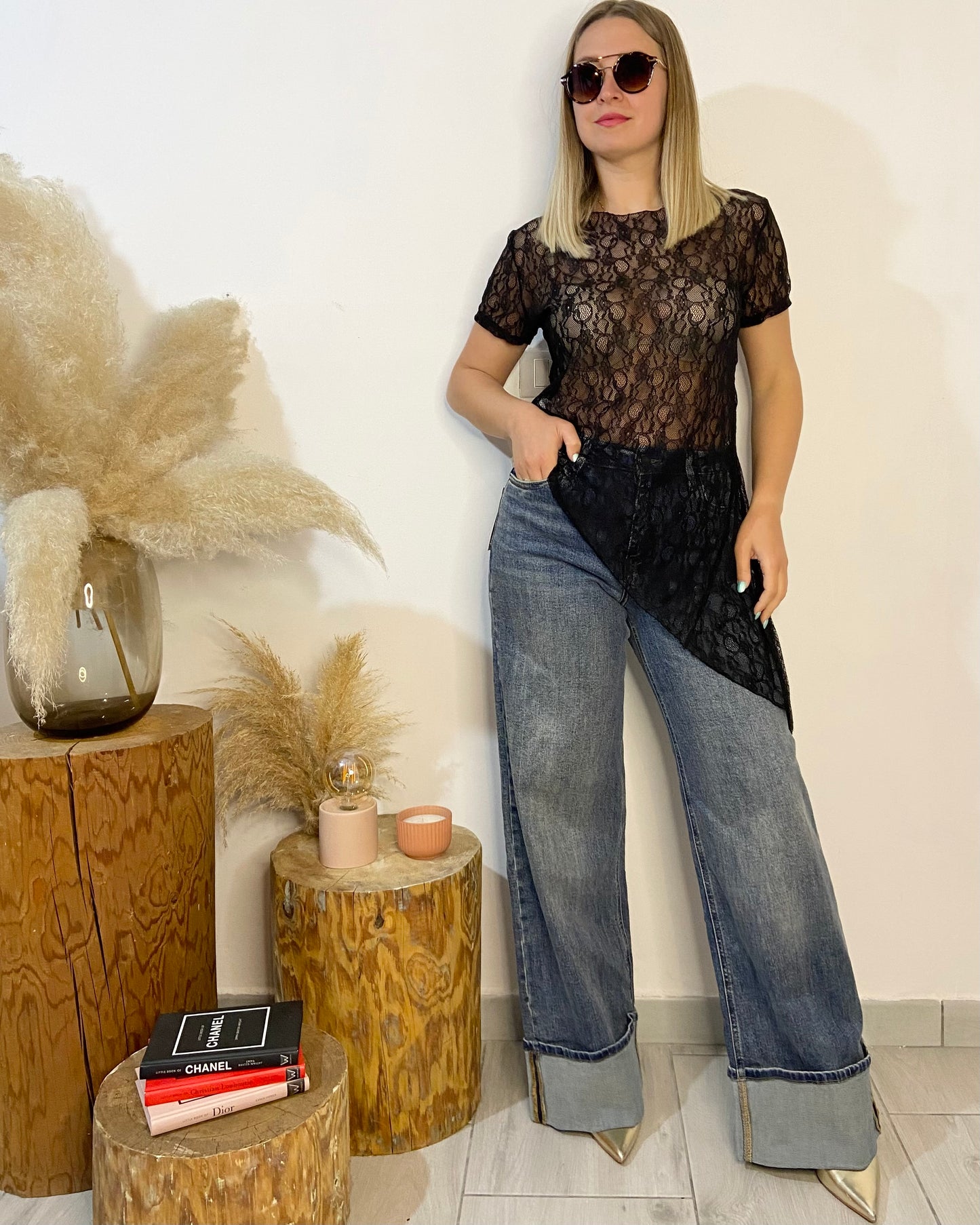 Jeans palazzo con risvolto