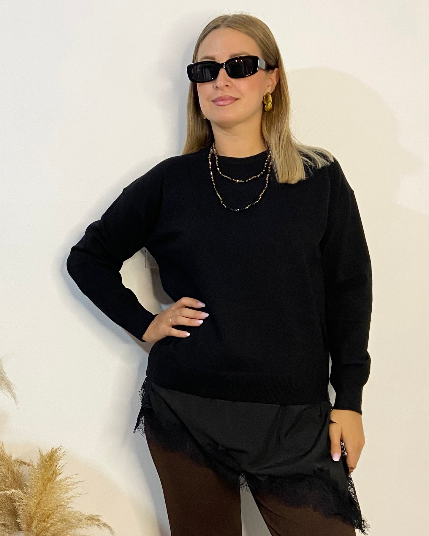 Felpa in maglia con fondo pizzo