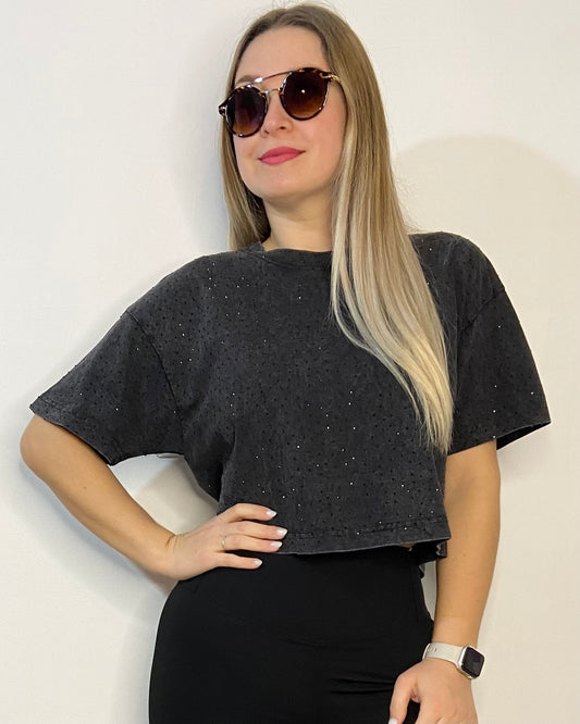 T-shirt crop con strass