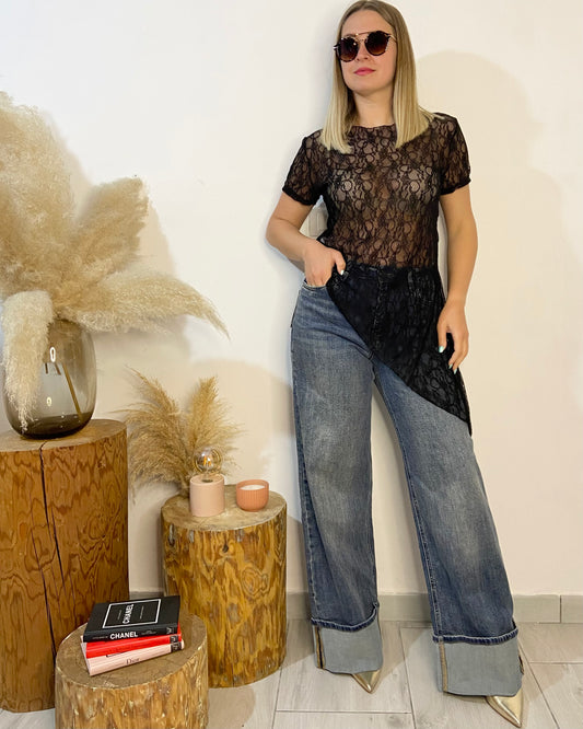 Jeans palazzo con risvolto