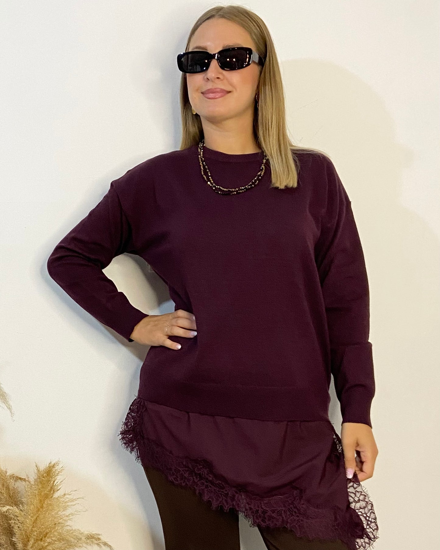 Felpa in maglia con fondo pizzo