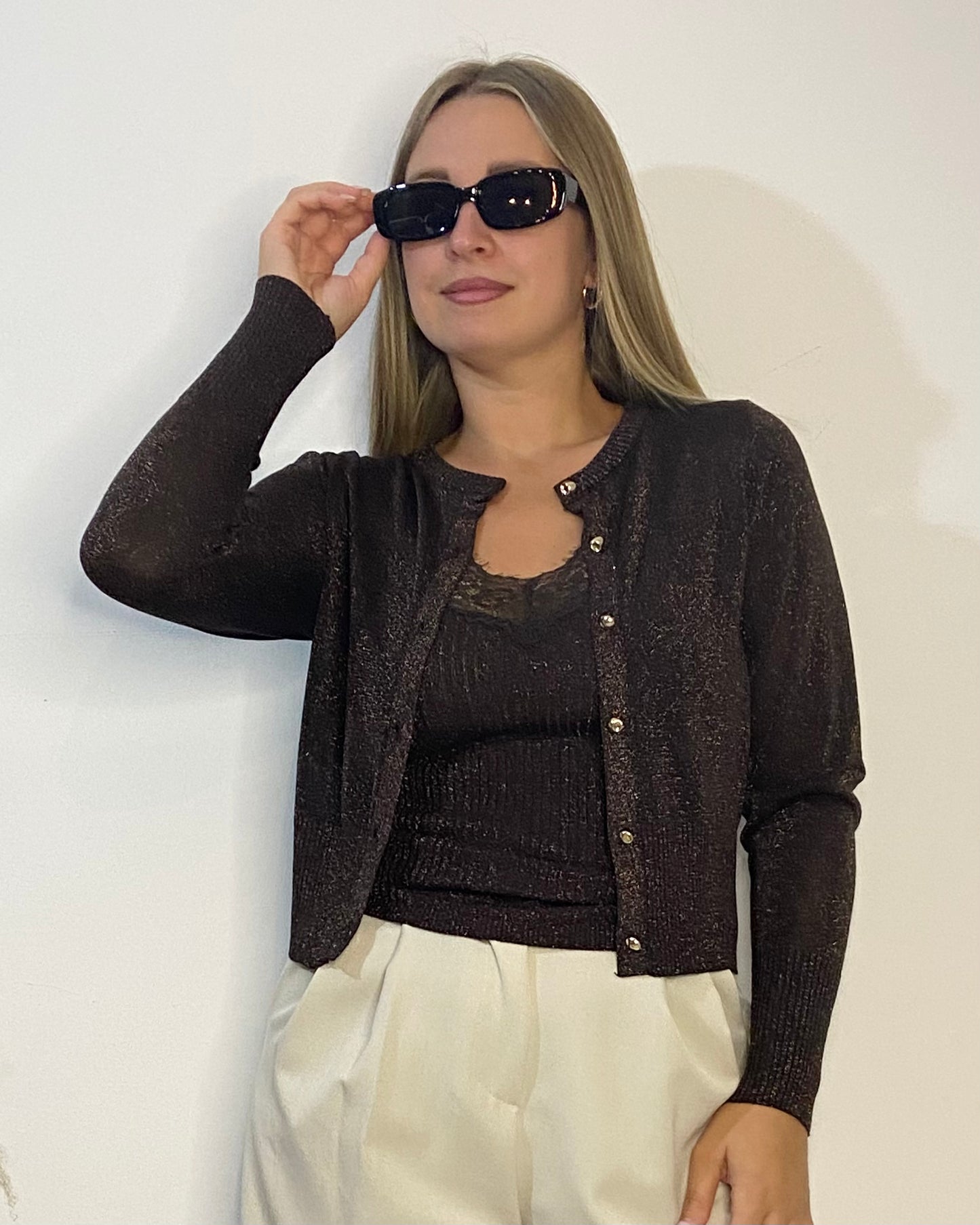 Cardigan lurex con bottoni oro